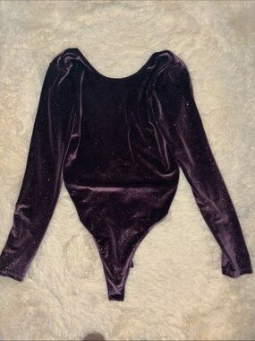 Velvet Long Sleeve Sparkle Bodysuit - Deep Plum